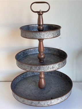 Primitives by Kathy three-tiered oval tray farmhouse galvanized & wood